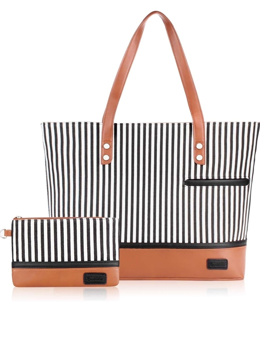 Striped Canvas Tote Bag with Pouch - Black & White with Tan Trim